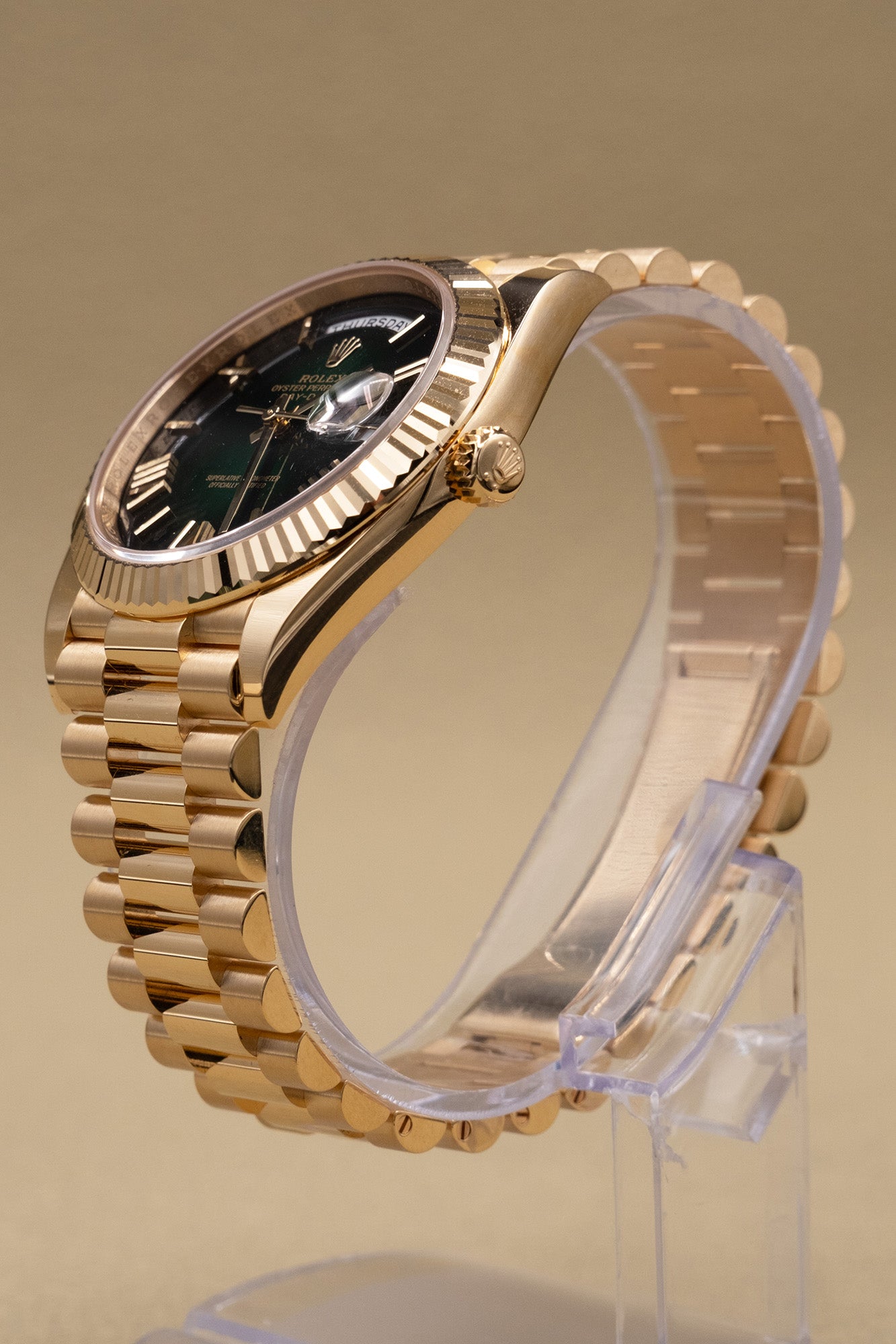 Rolex Day-Date 40 Green Ombre Roman Dial on President 228238 Complete 2026