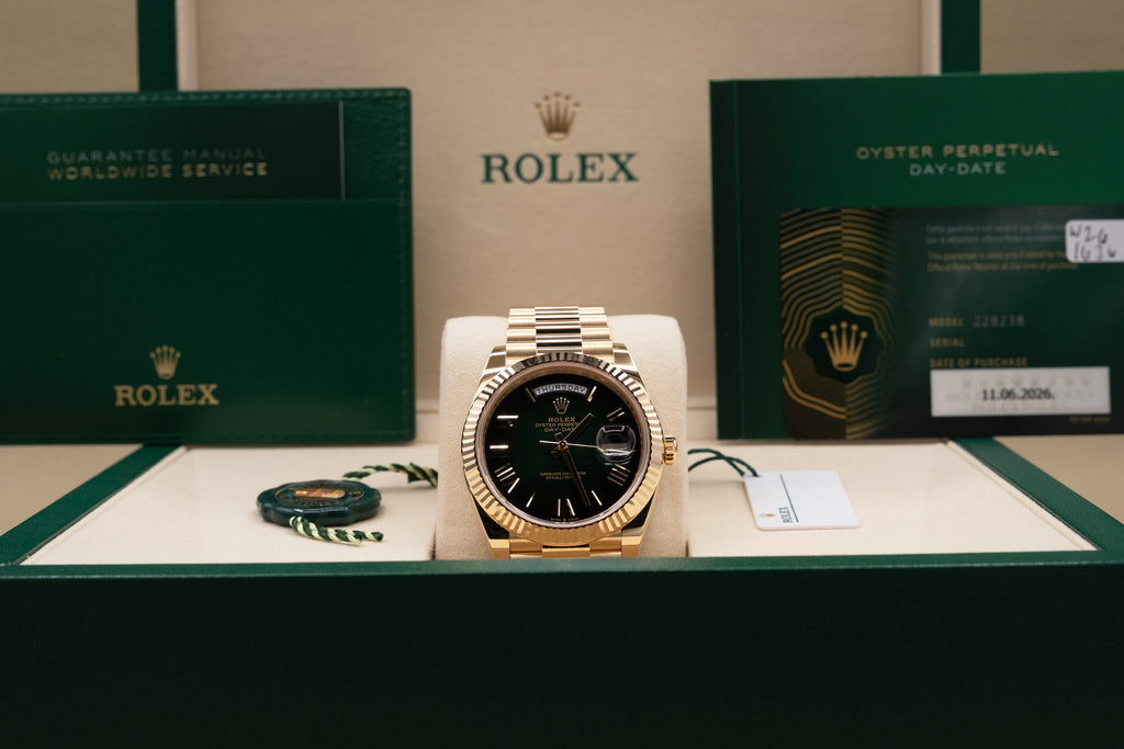 Rolex Day-Date 40 Green Ombre Roman Dial on President 228238 Complete 2026
