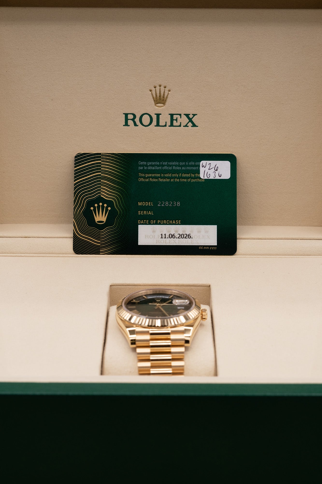 Rolex Day-Date 40 Green Ombre Roman Dial on President 228238 Complete 2026