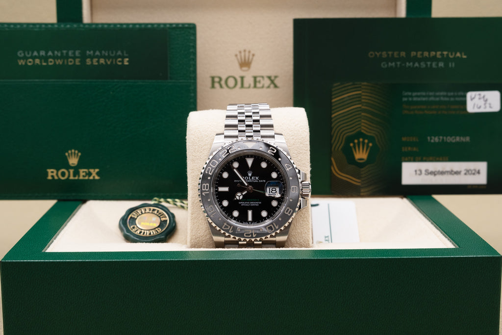 Rolex GMT-Master II Bruce Wayne Black Dial on Jubilee 126710GRNR Complete 2024