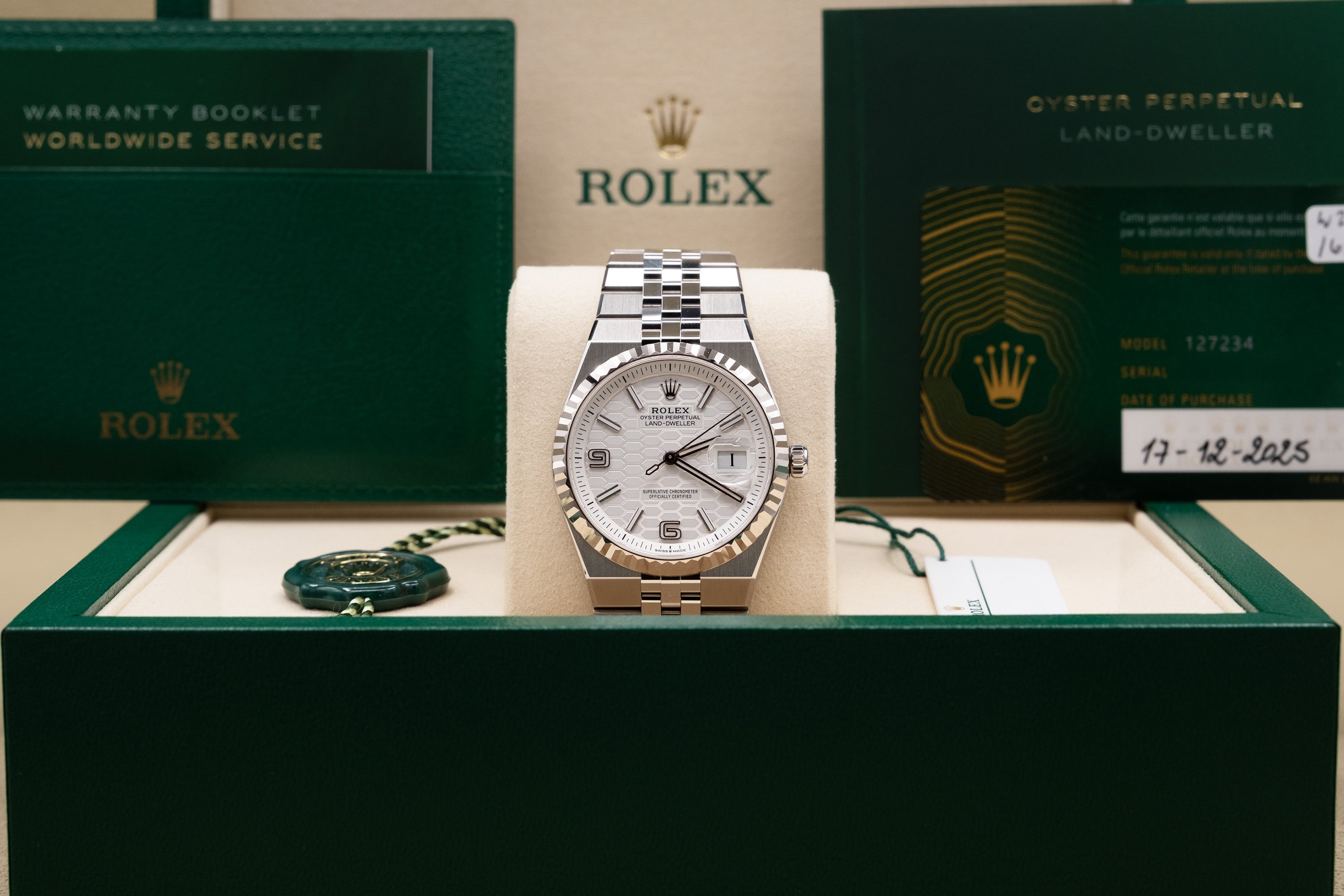 Rolex Land-Dweller 36 White Honeycomb Dial on Flat Jubilee 127234 Complete 2025