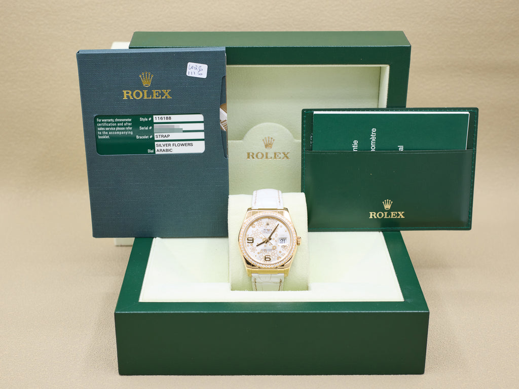 Rolex Datejust 36 Silver Flower Arabic Dial on Leather 116188 Complete 2012