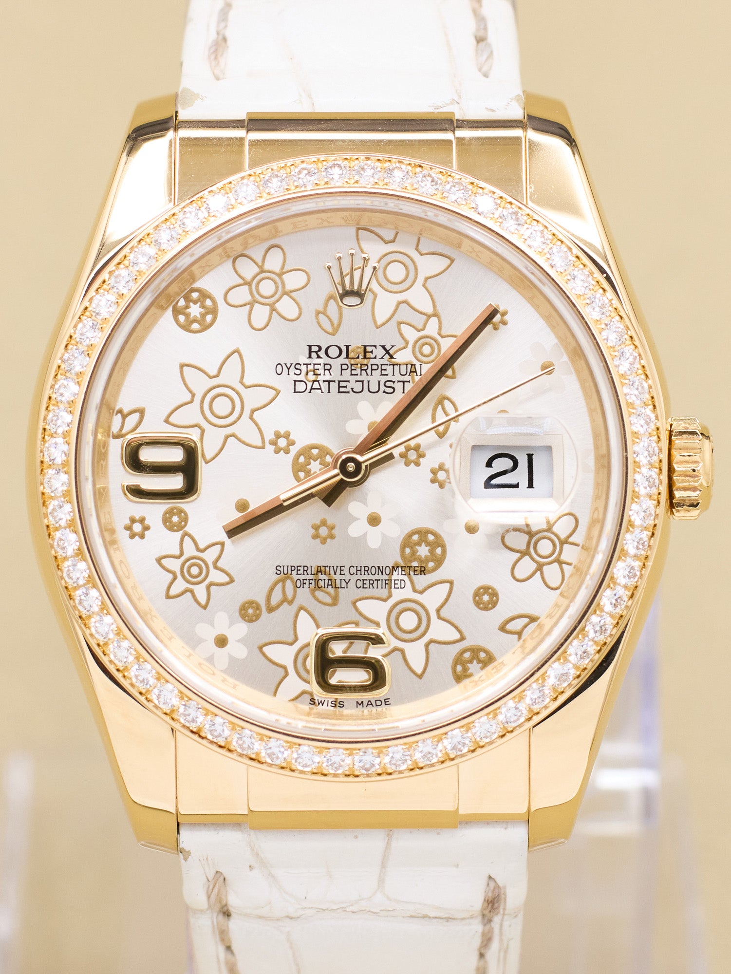 Rolex Datejust 36 Silver Flower Arabic Dial on Leather 116188 Complete 2012