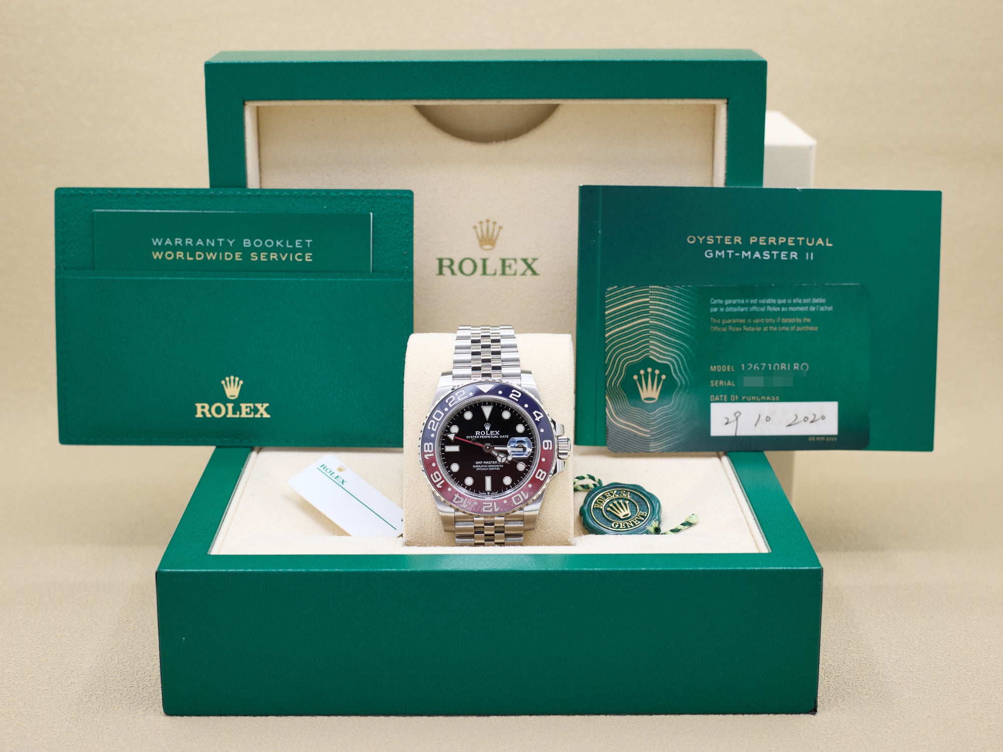 Rolex GMT-Master II Pepsi Black Dial on Jubilee 126710BLRO Complete 2020