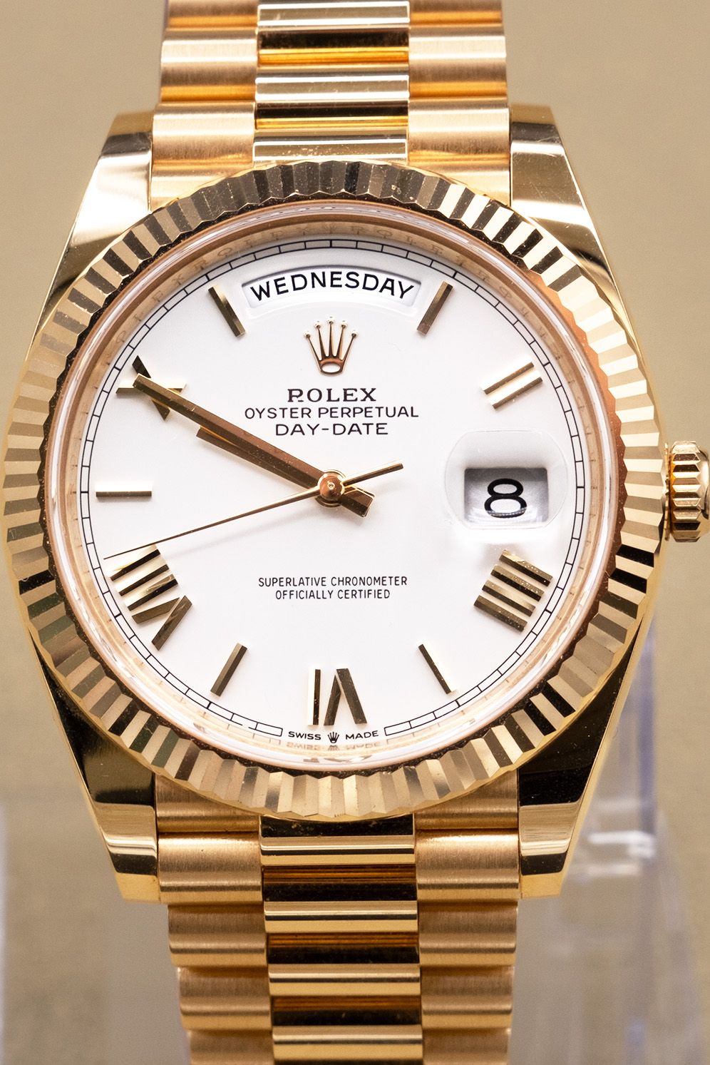 Rolex Day-Date 40 White Bevelled Roman Dial on President 228238 Complete 2025