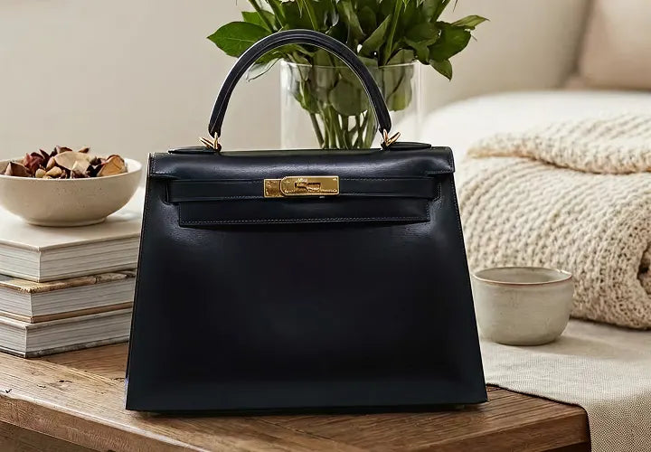 Black handbag with gold clasp on a wooden table in a home setting