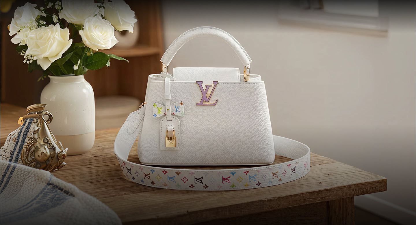 White handbag with decorative strap on a wooden table, next to a vase of white flowers.