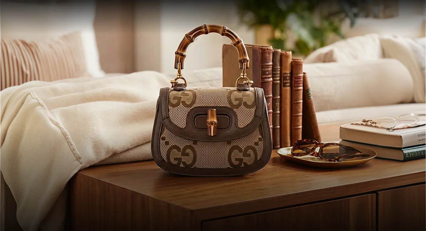 Designer handbag on a wooden table with books and decor in the background