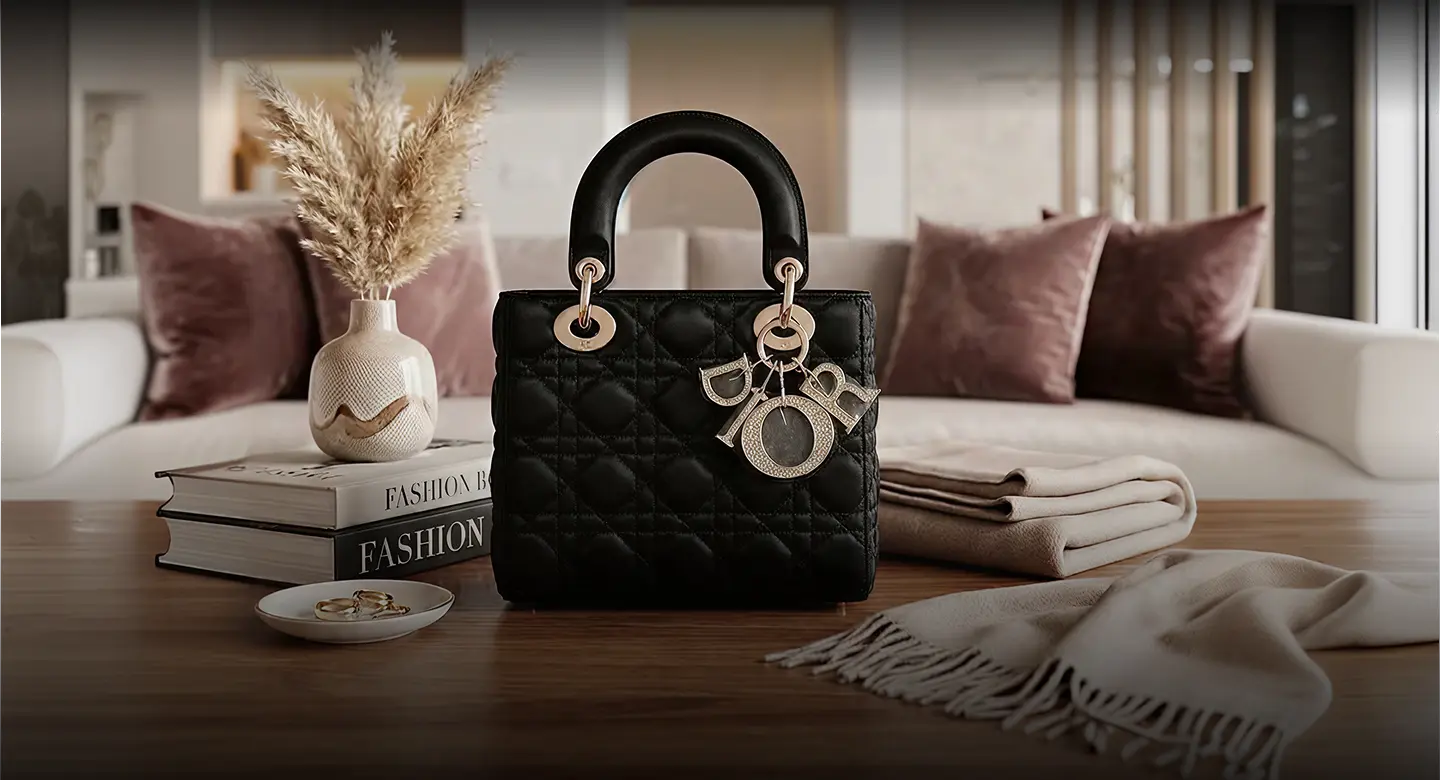 Black quilted handbag with gold hardware on a wooden table in a living room setting.