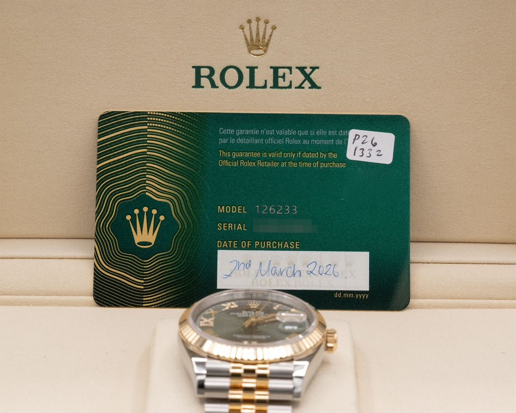 Rolex Datejust 36 Olive Green Roman Dial on Jubilee 126233 Complete 2026