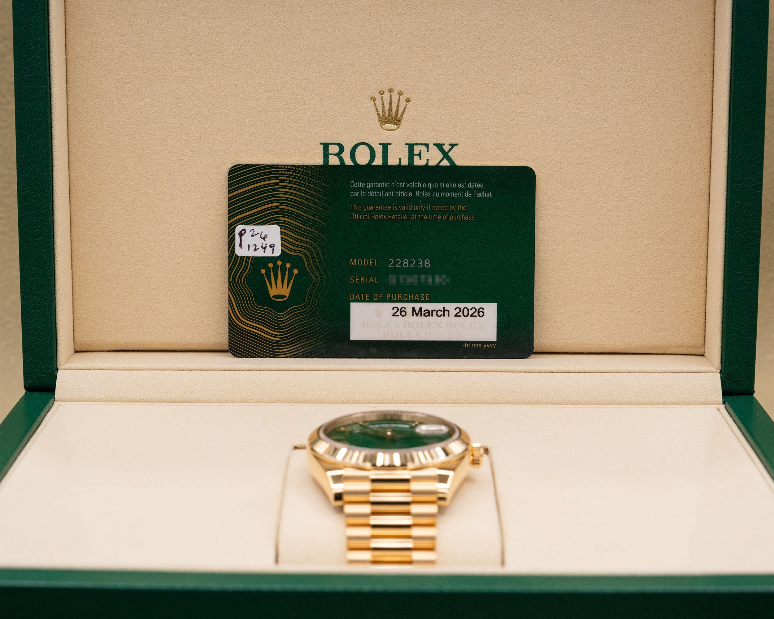 Rolex Day-Date 40 Green Roman Dial on President 228238 Complete 2026
