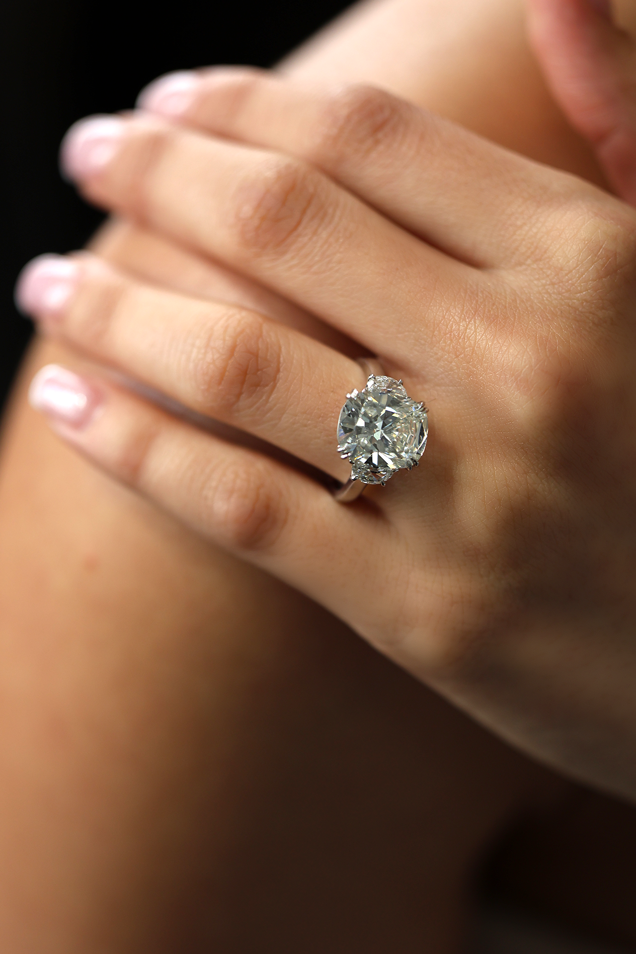 Three Stone Cushion Diamond Platinum Engagement Ring 5.59ct R-513CU