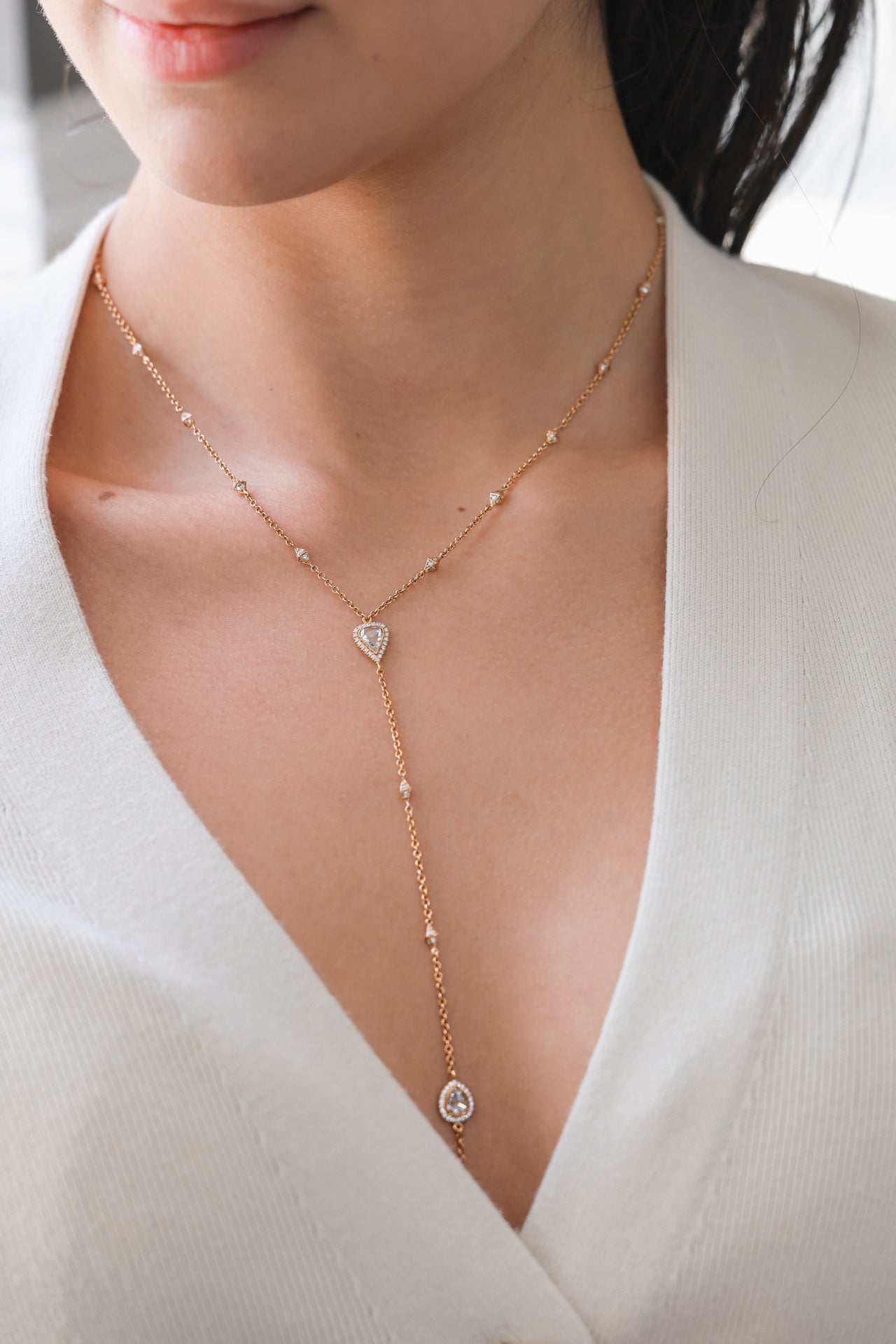 18K Rose Gold Round & Pear Natural Diamond Lariat Necklace N-308