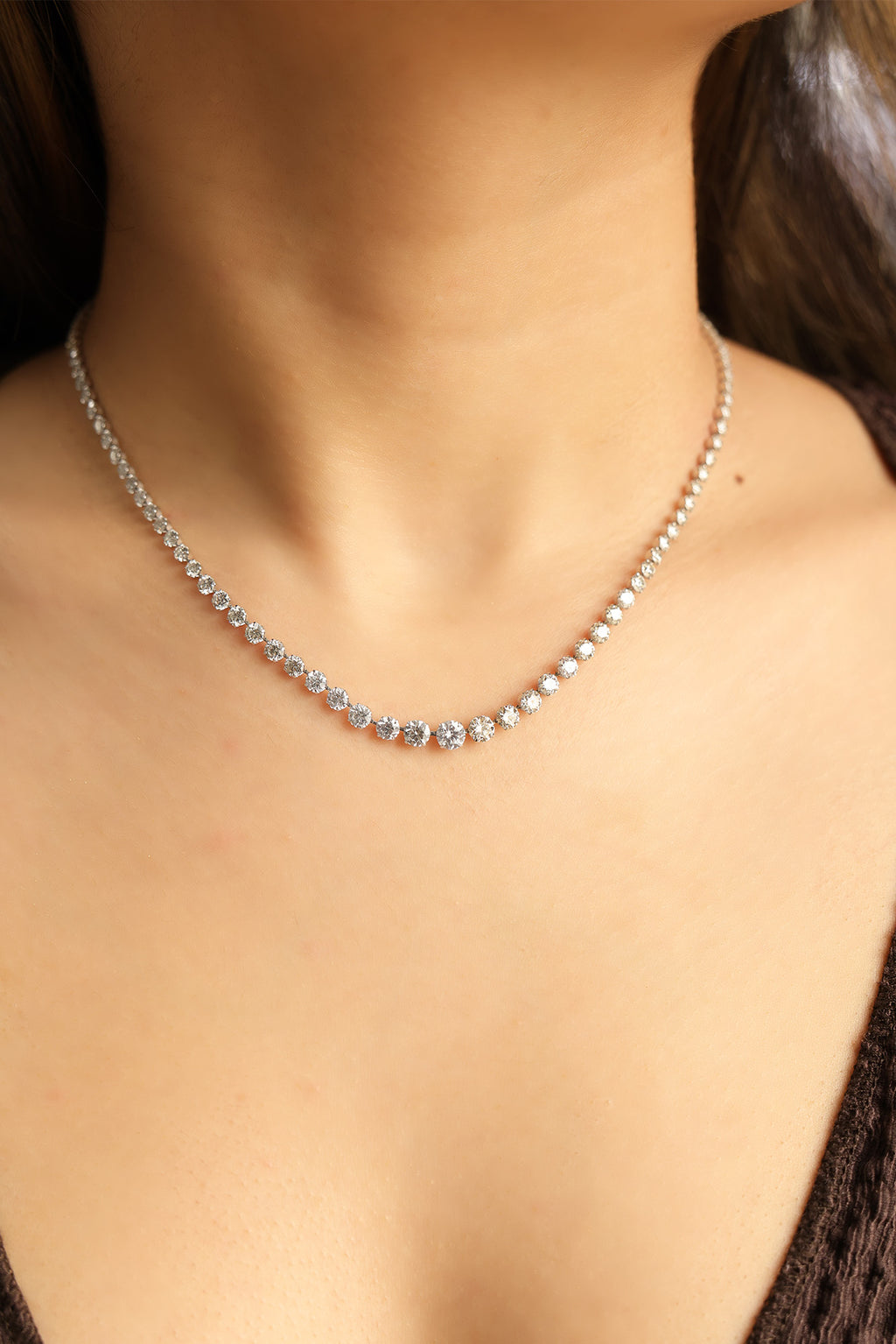 Platinum Round Natural Diamond Graduated Tennis Necklace 12ct N-10PLT