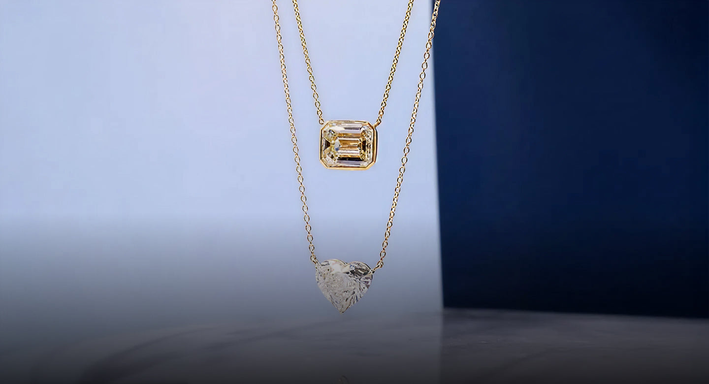 Two gold necklaces with different pendants on a gradient background