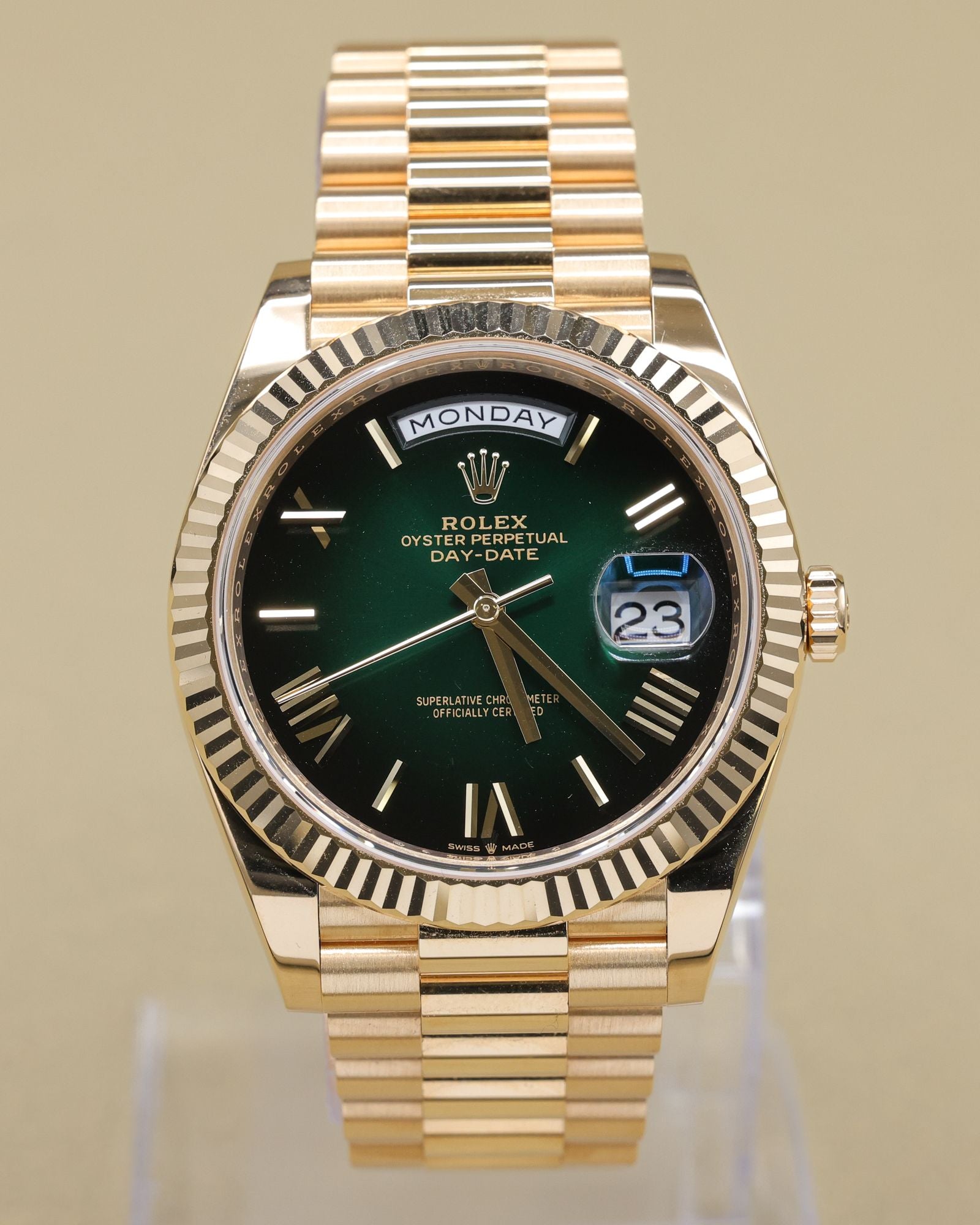 Rolex Day-Date 40 Green Ombre Roman Dial on President 228238 Complete 2025