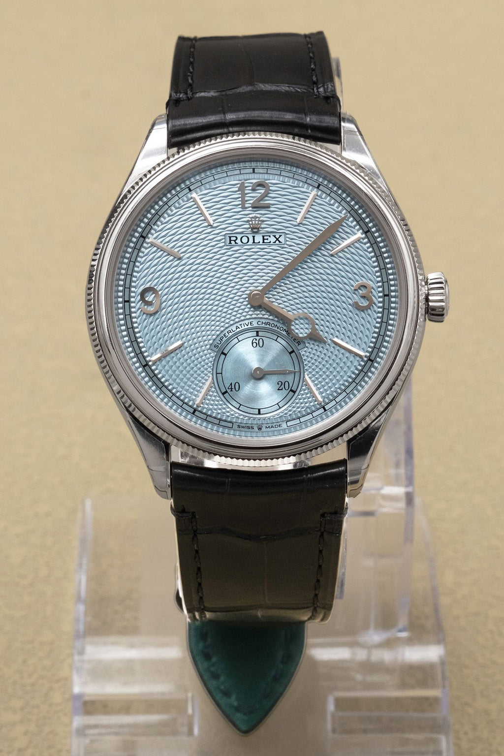 Rolex 1908 Ice Blue Rice-Grain Motif Index Dial on Matt black alligator leather 52506 Complete 2026