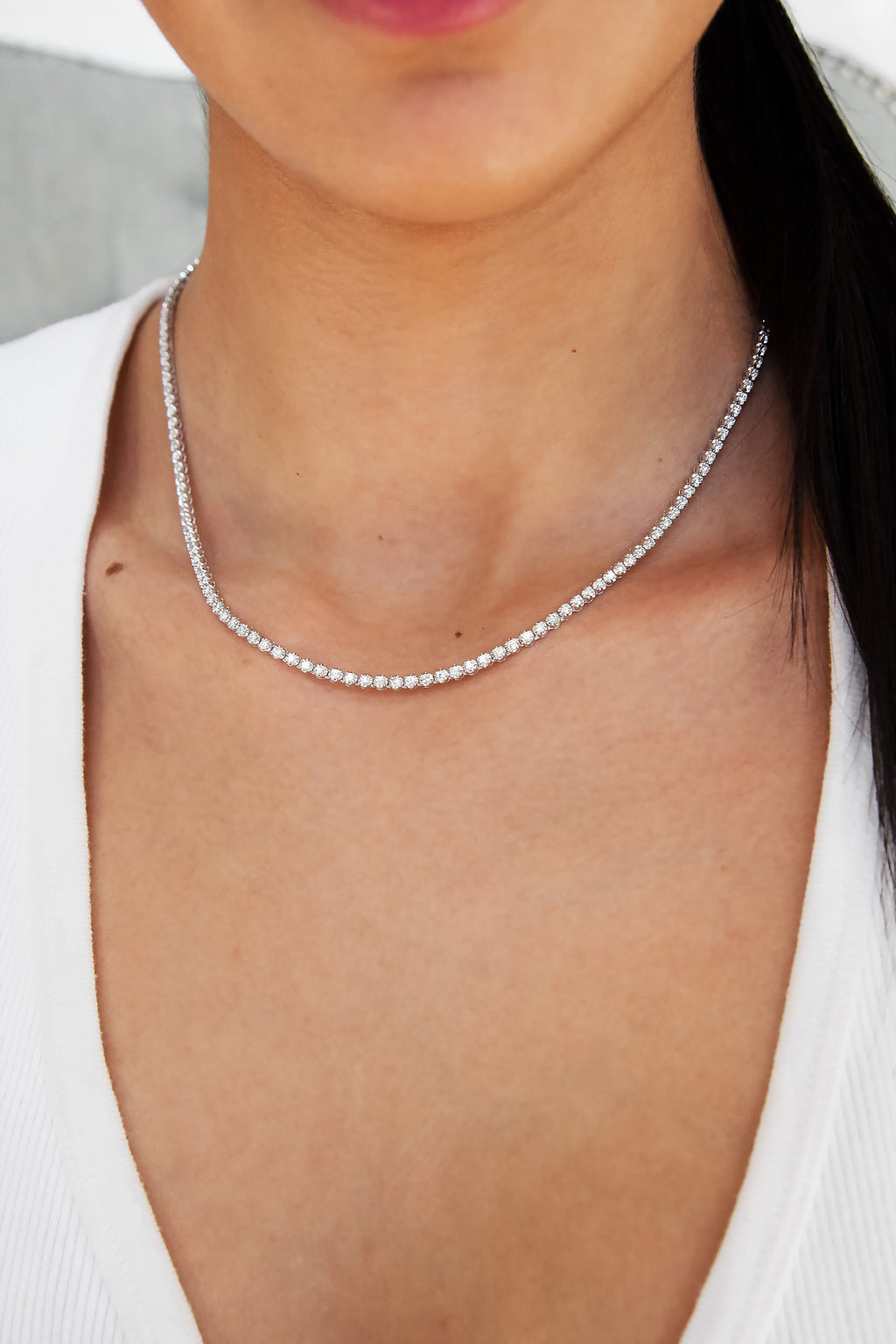 18K White Gold Illusion Set Round Diamond Tennis Necklace 3ct N-329RD