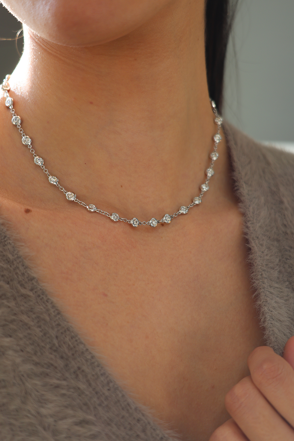 18K White Gold Round Natural Diamond Bezel Necklace 17.2ct P-468A