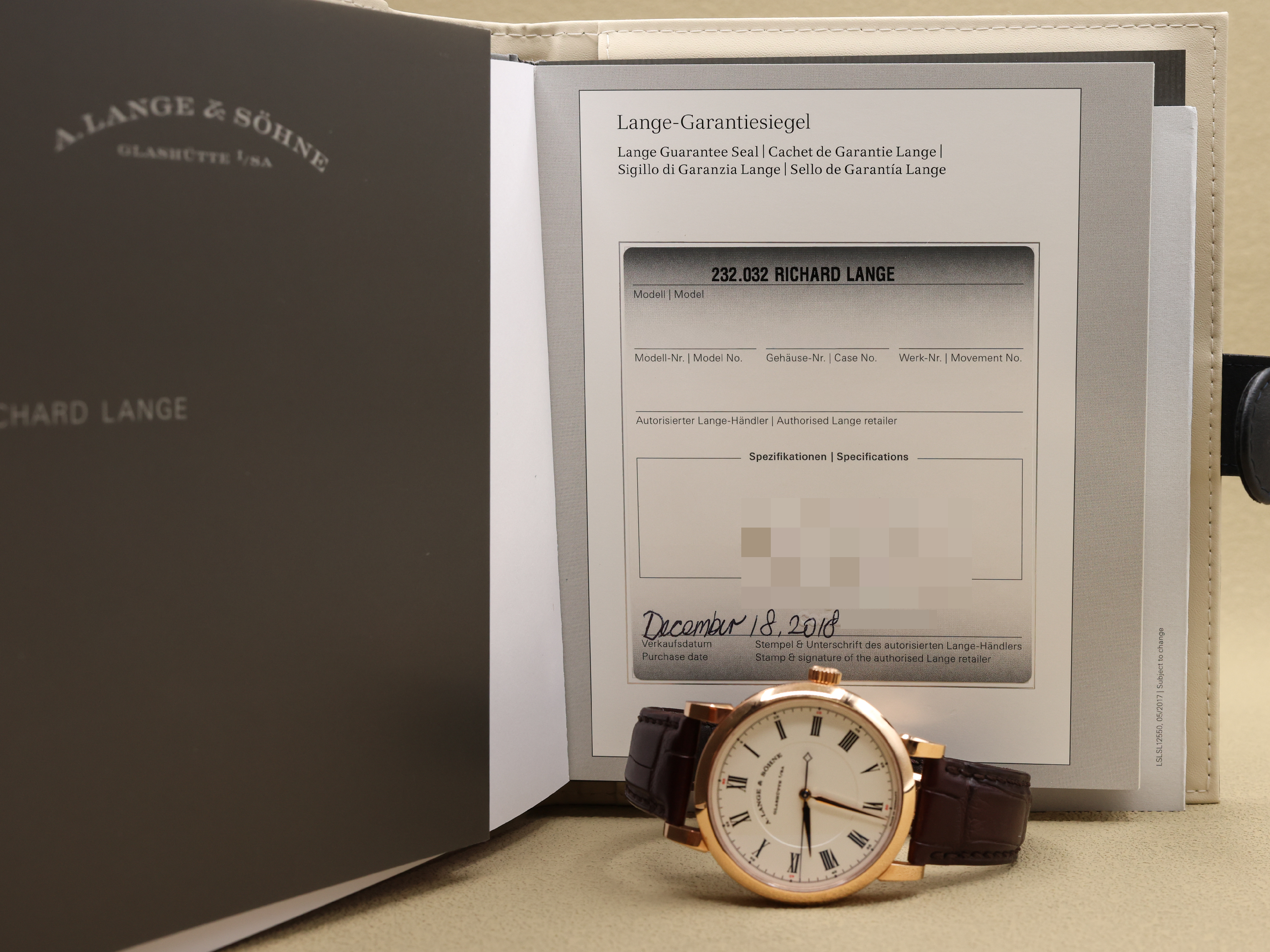 A. Lange & Sohne Richard Lange Silver Dial on Leather Strap 232.032/LSLS2324AD Complete 2018