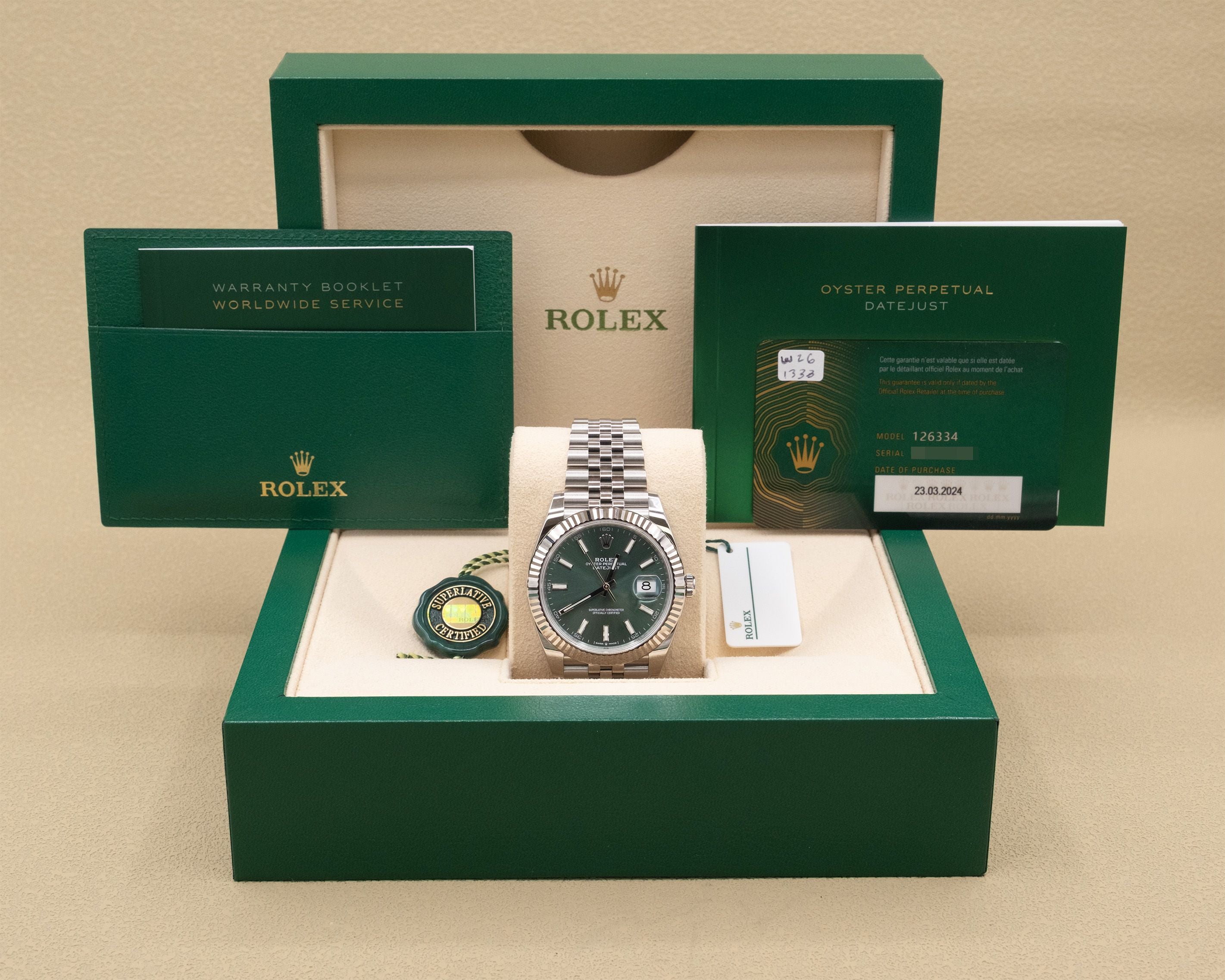 Rolex Datejust 41 Mint Green Index Dial on Jubilee 126334 Complete 2024
