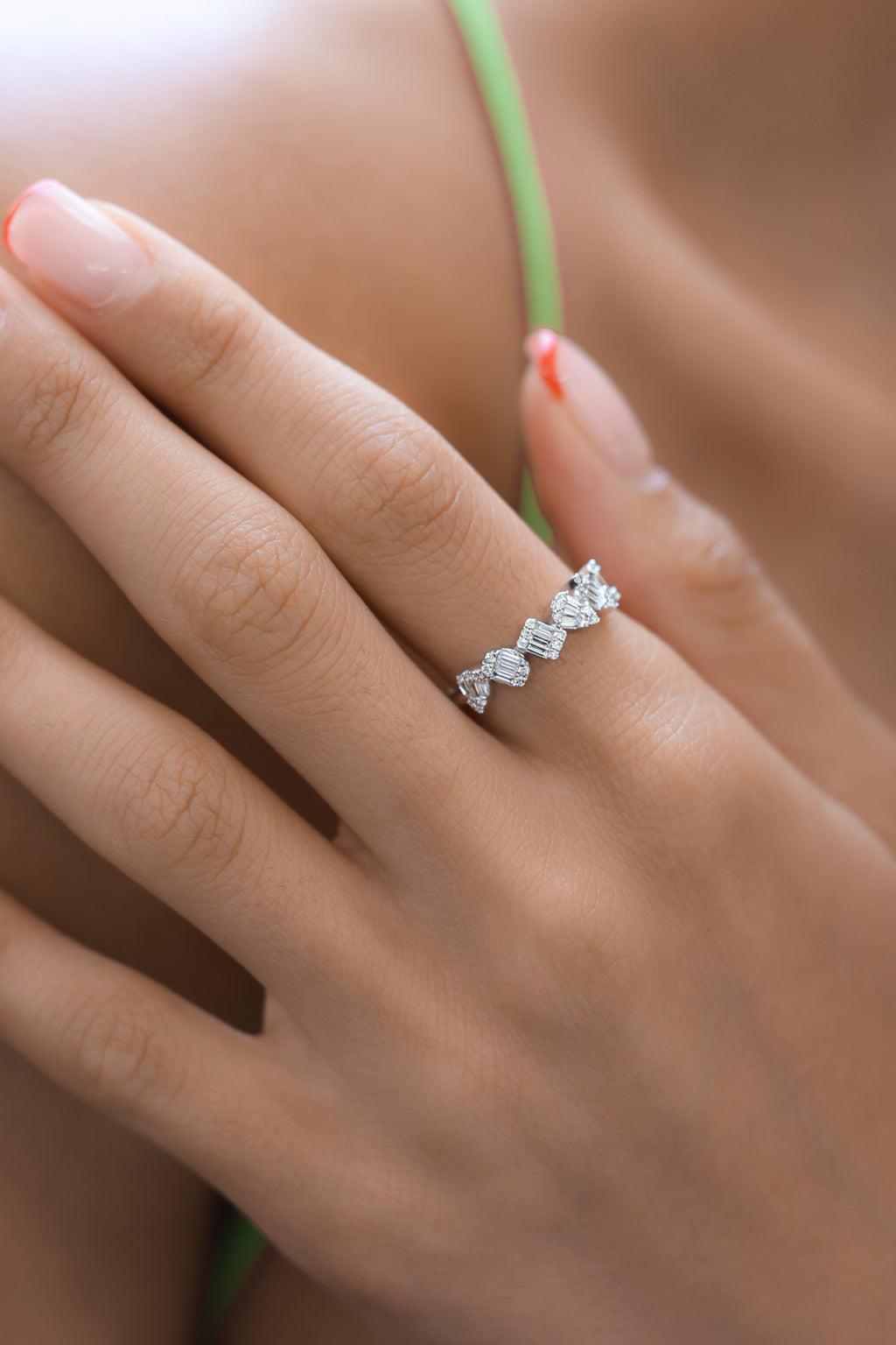 White Gold EMERALD SHAPE WITH BG & RD DIAMONDS Eternity Ring 0.44 cts.