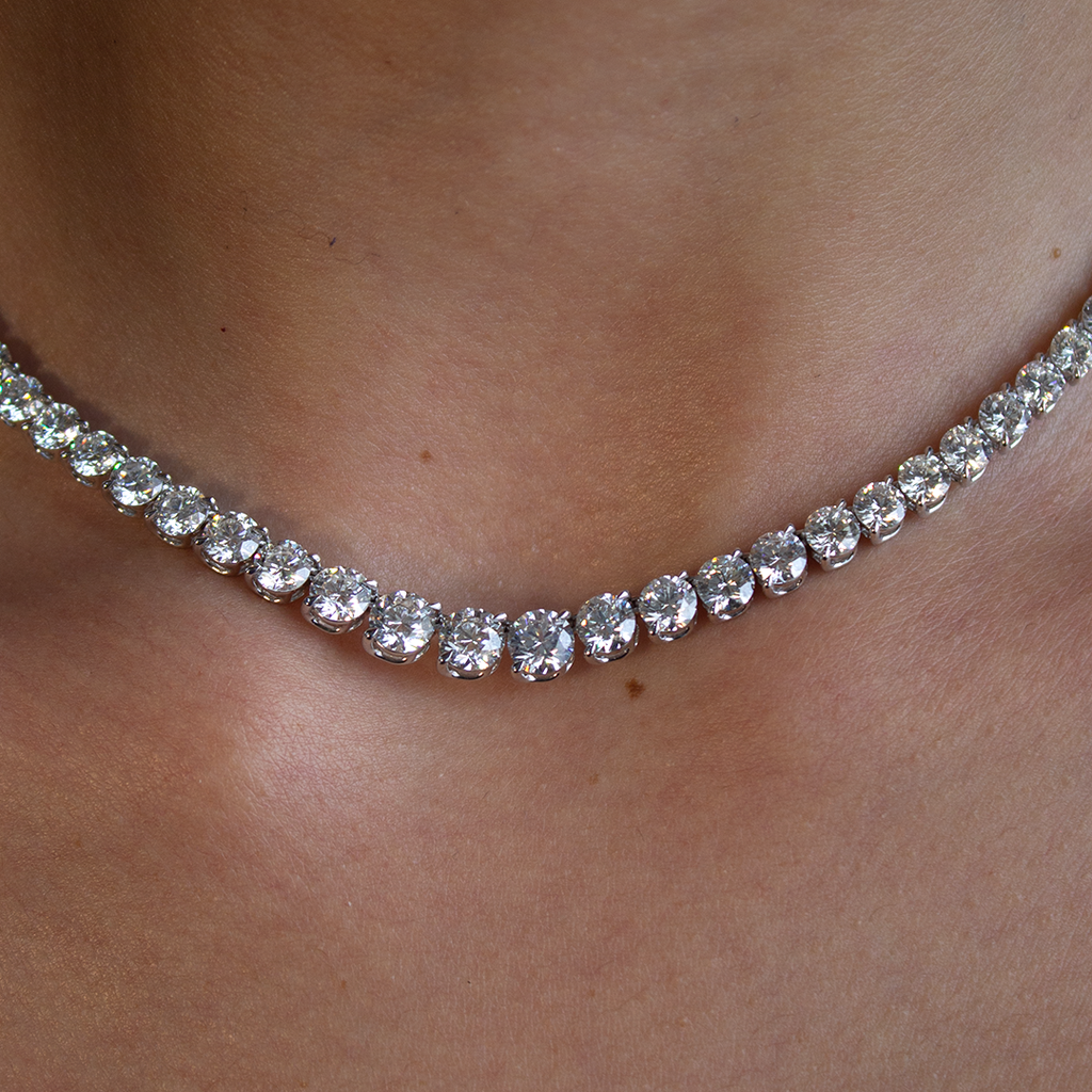 18K Yellow Gold Round Diamond Graduate Tennis Necklace 23.2ct N-11575