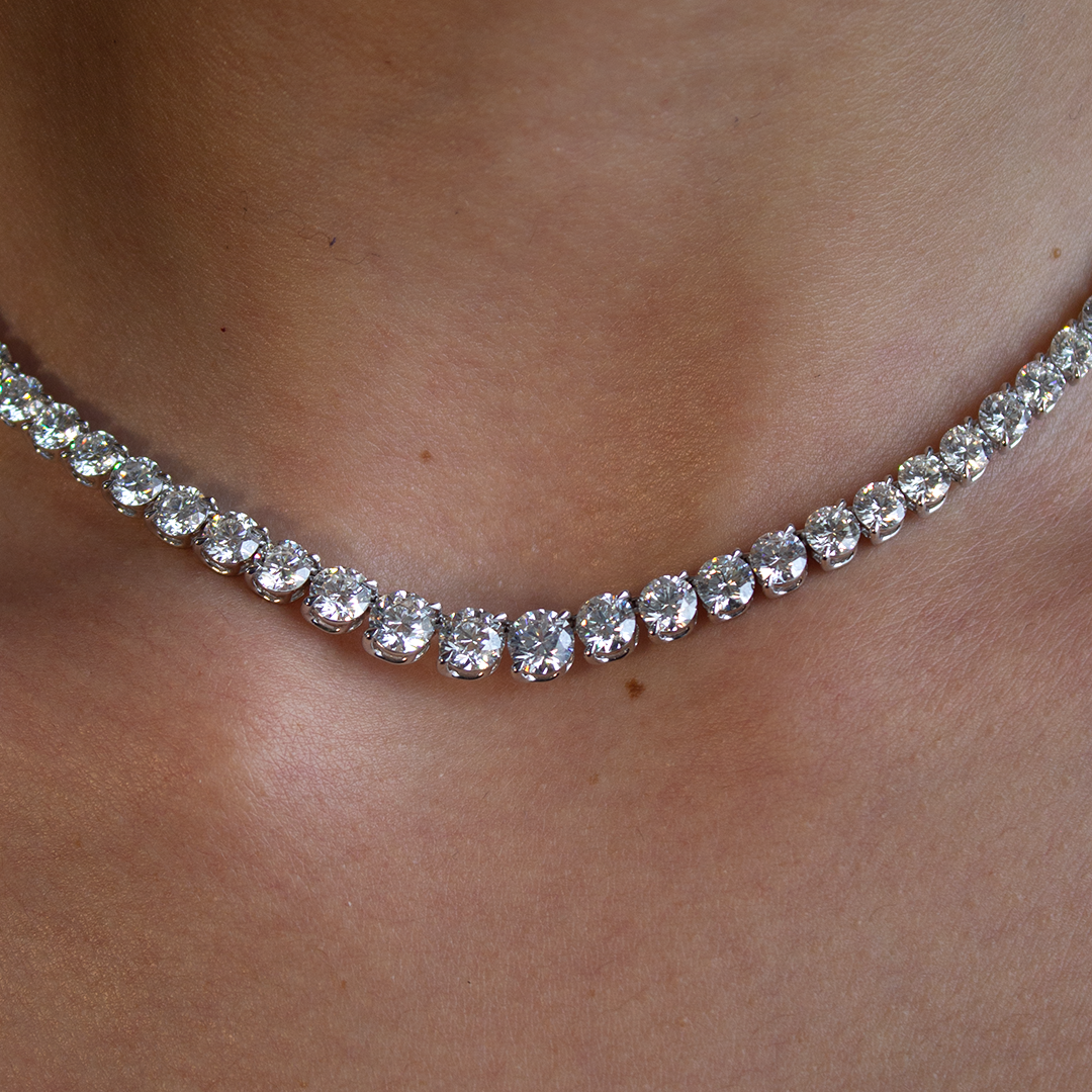 18K Yellow Gold Round Diamond Graduate Tennis Necklace 23.2ct N-11575