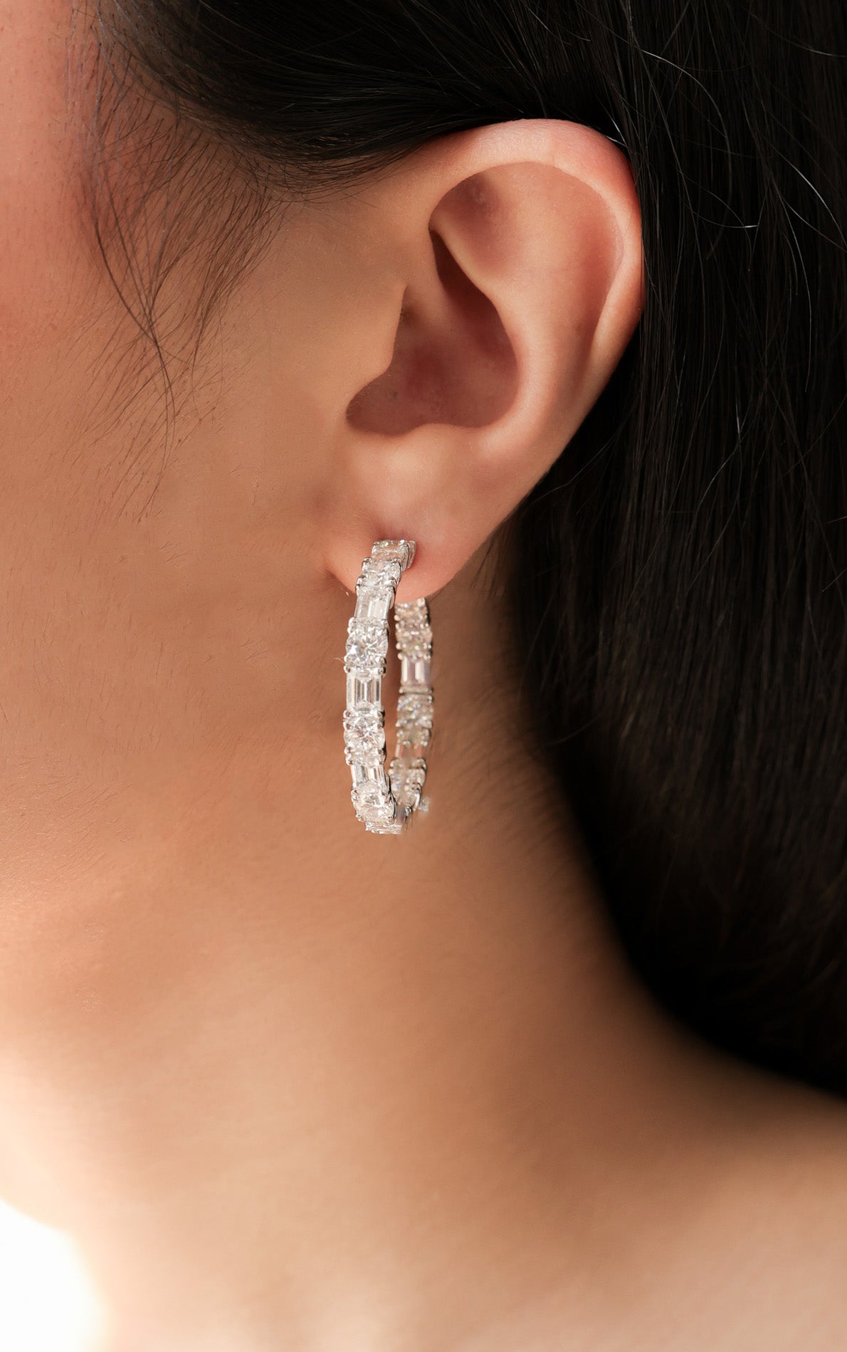 18KT White Gold Natural Diamond Round Baguette Hoops 12.24ctw E-147HOOP