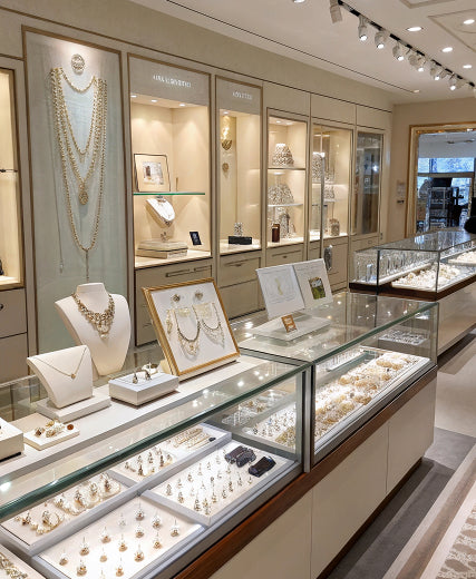 Jewelry store display case with various necklaces and accessories.