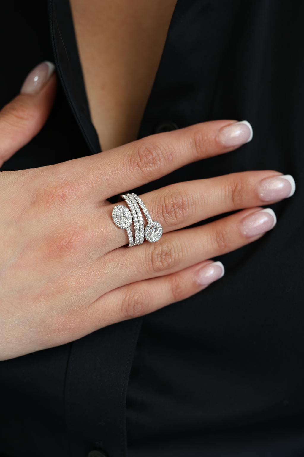 White Gold SERPENT SPIRAL - OVAL CENTER STONES F VVS2 (GIA) Cocktail Ring 2.03 cts.