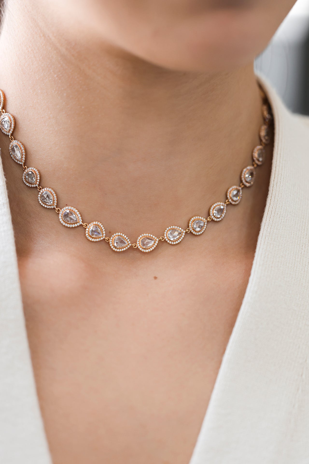 18K Rose Gold Pear & Round Natural Diamond Halo Choker 14.00ct N-88
