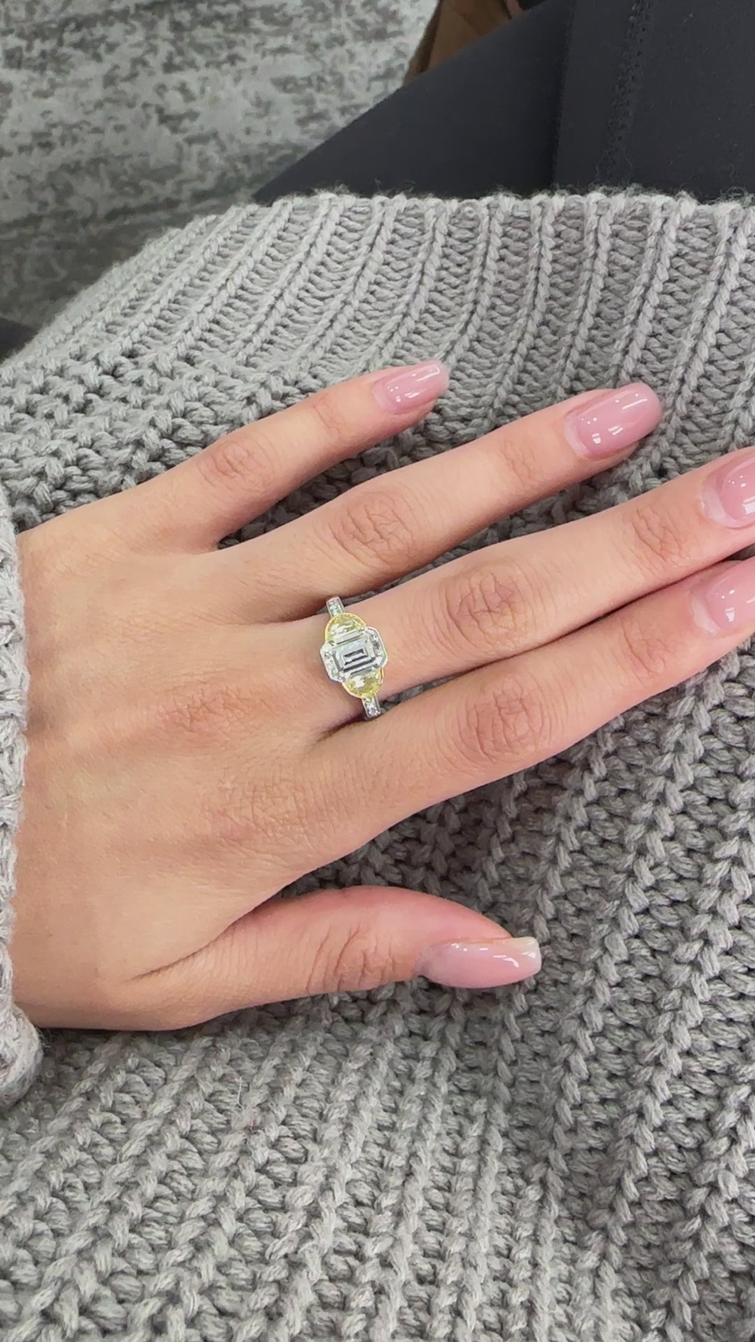 Platinum EMERALD CUT CENTER STONE G VS2 WITH 2 YELLOW DIAMOND HALF MOONS Engagement Ring 2.5 cts.