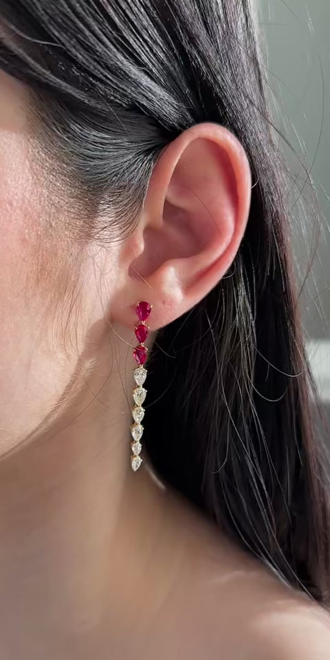 Yellow Gold RUBY & DIAMOND DANGLE Dangles Earrings 4.36 cts.
