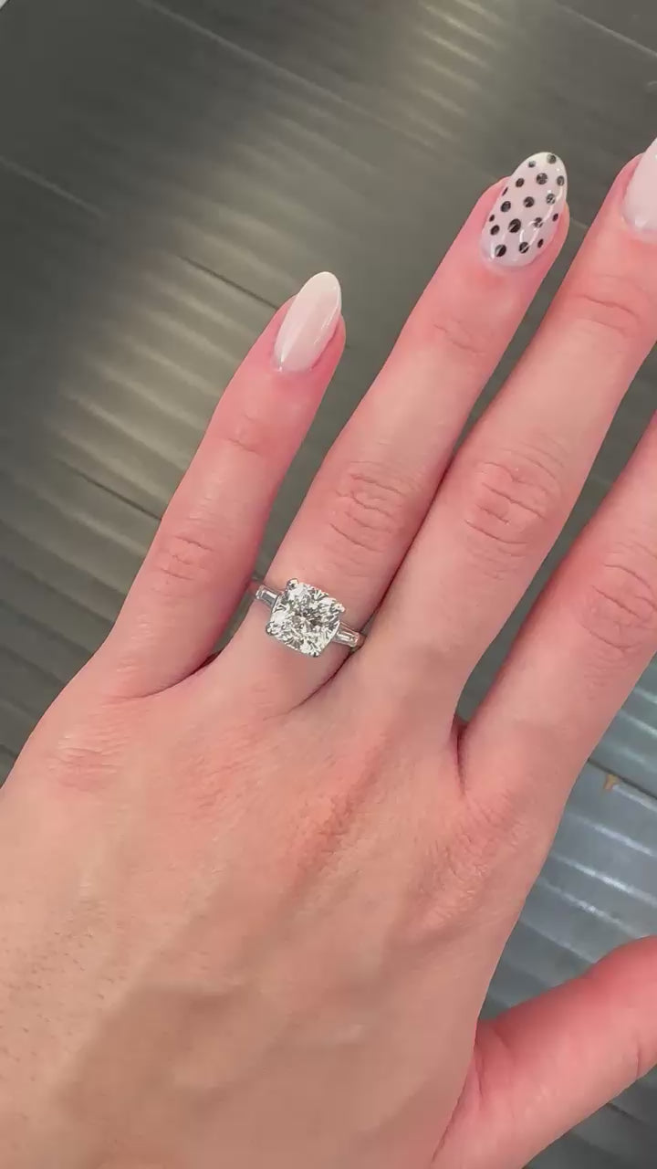 Platinum GIA CUSHION G VS2 - 2 BG SIDE STONES Engagement Ring