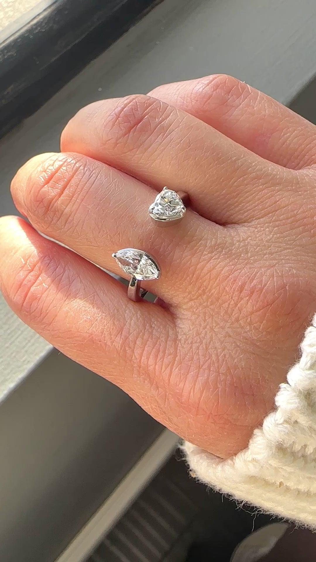 White Gold SPLIT RING - 2 STONE - GIA (MQ E SI2) (HS F SI1) Cocktail Ring 1.02 cts.