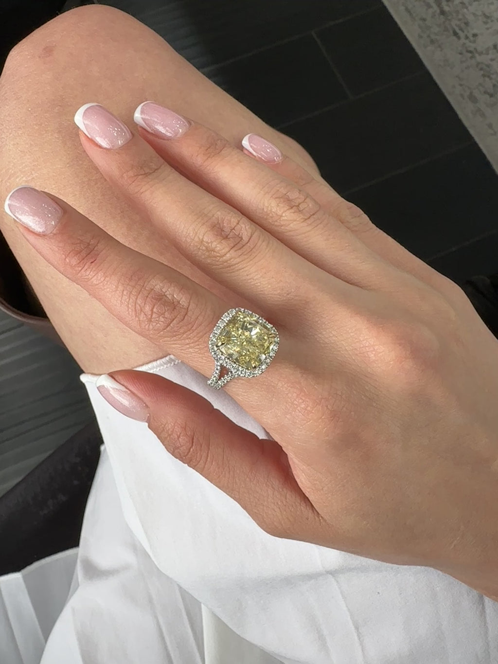 Platinum FANCY YELLOW CUSHION CENTER STONE VS1 (GIA) - WITH HALO & SPLIT SHANK & PAVE BAND Engagement Ring 7.02 cts.