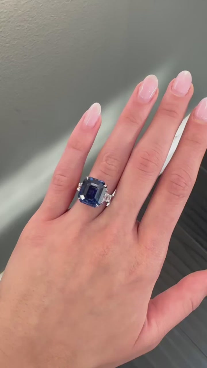 White Gold ASSCHER-CUT BLUE SAPPHIRE - ASSCHER-CUT BAND - 2 TRAPS Engagement Ring 30.7 cts.