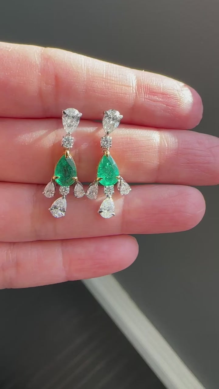 White Gold EMERALD & DIAMOND DROPS Dangles Earrings 3.13 cts.