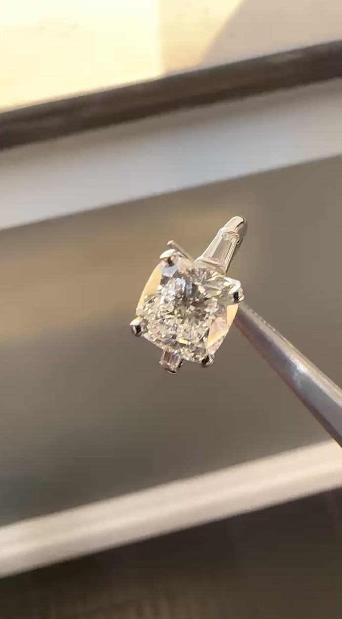 Platinum GIA CUSHION G VS2 - 2 BG SIDE STONES Engagement Ring