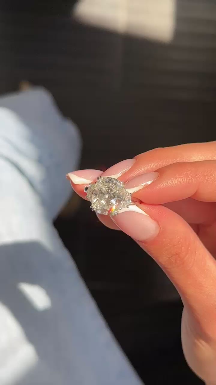 Platinum CUSHION CENTER STONE - GIA (J VS2) WITH 2 HALF MOONS Engagement Ring 5.59 cts.