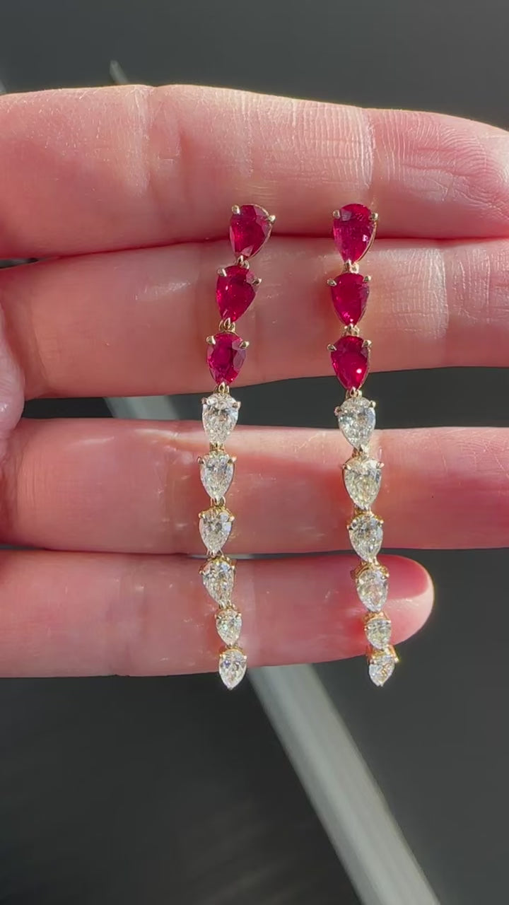 Yellow Gold RUBY & DIAMOND DANGLE Dangles Earrings 4.36 cts.
