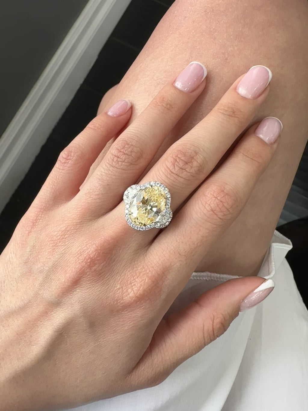 White Gold FANCY YELLOW OVAL CENTER STONE LY SI2 - WITH 2 HALF MOONS & PAVE BAND Engagement Ring 6.43 cts.