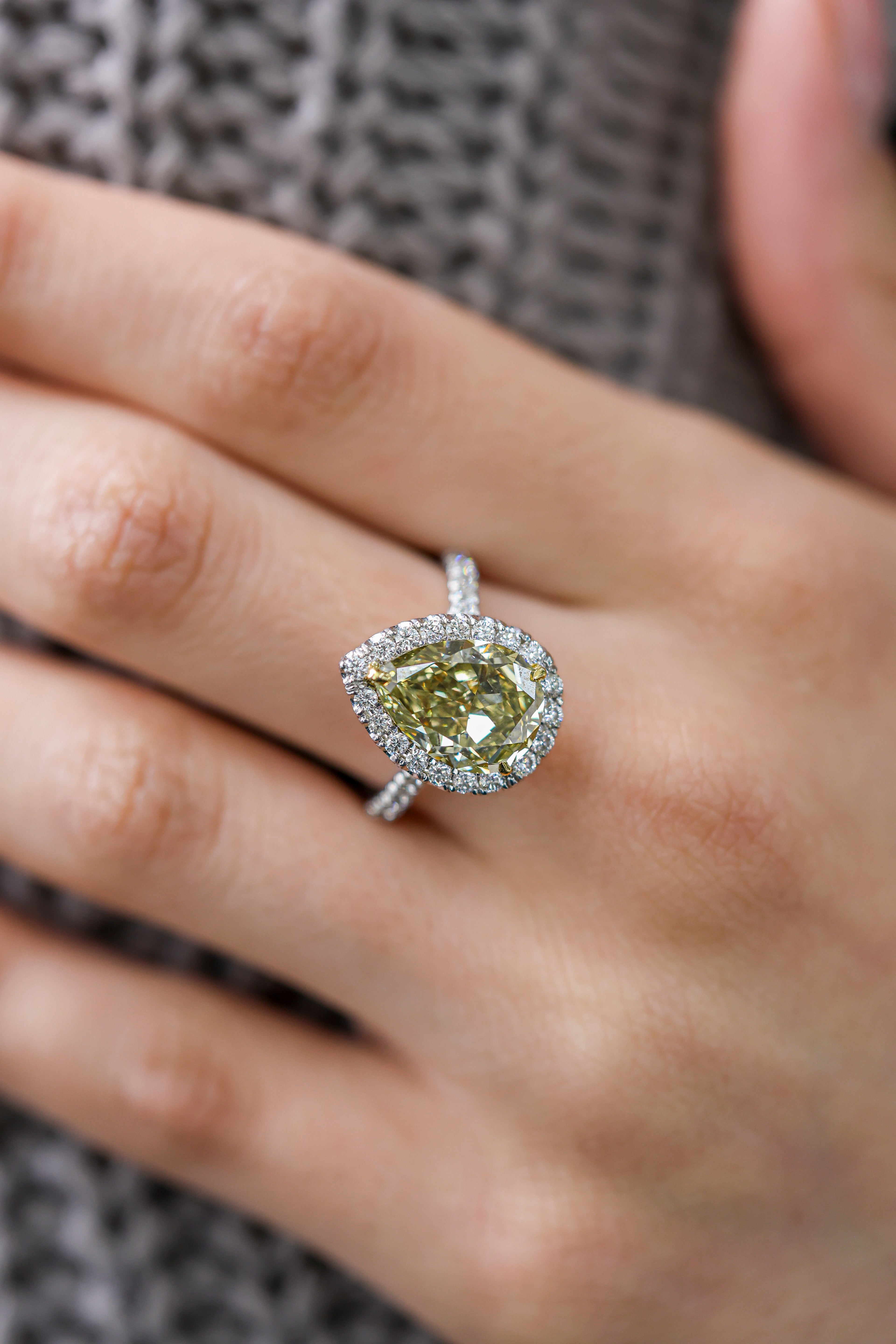 Pear Fancy Yellow Diamond Halo 18KT White Gold Ring 4.25ct R-355FBN