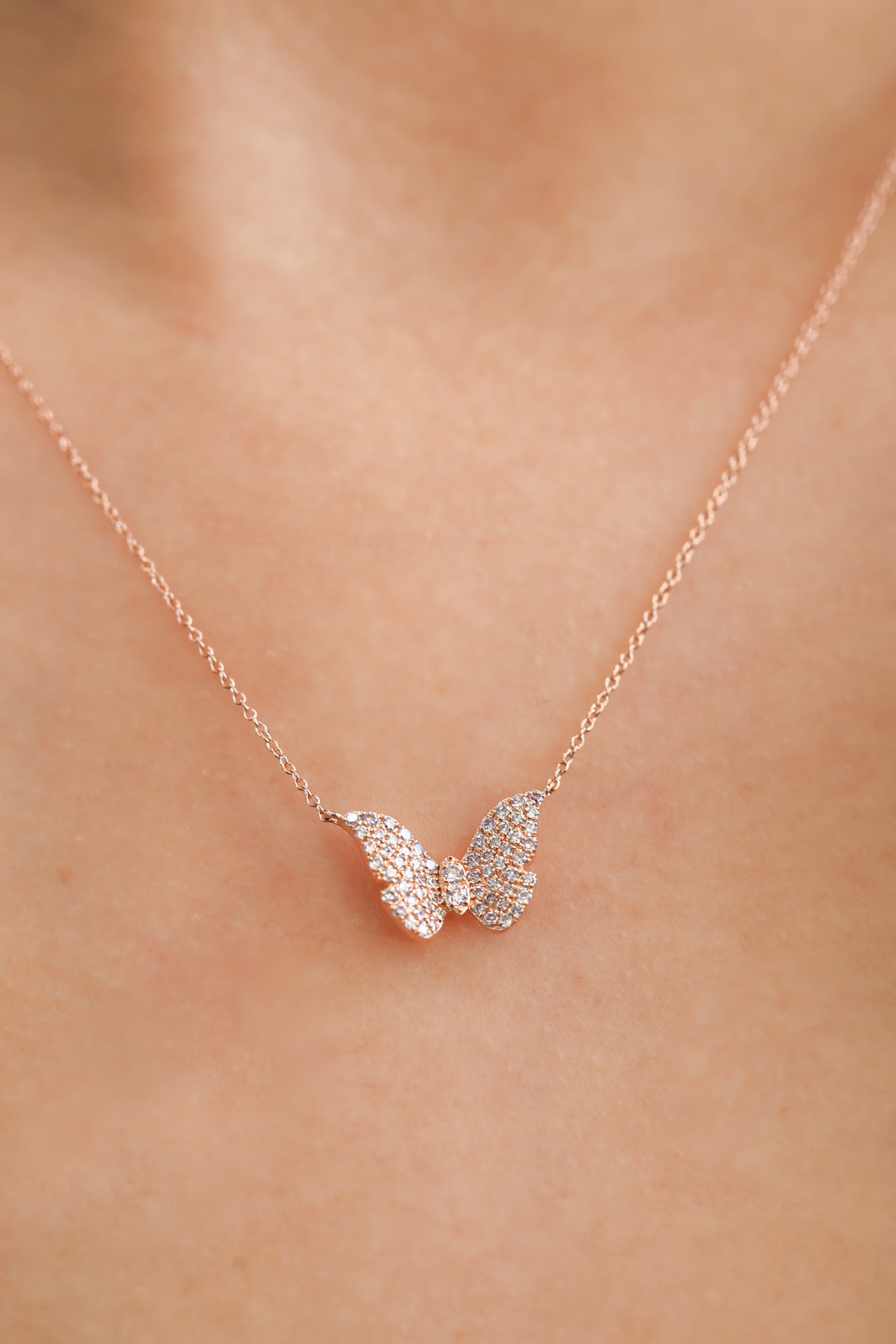 14K Rose Gold Round Diamond Small Pink Butterfly Pendant P-JS041316