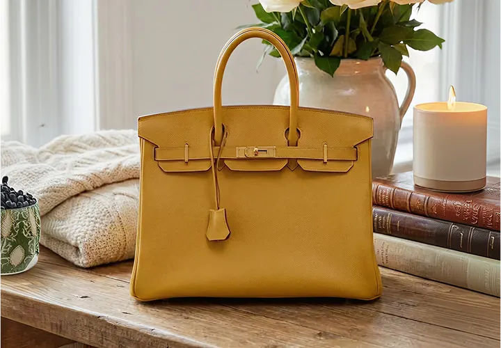 A mustard bag in a wood table.