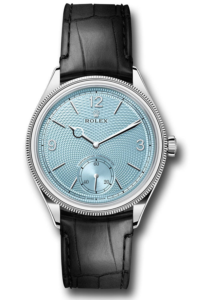 Rolex 1908 Ice Blue Rice-Grain Motif Index Dial on Black Leather Strap 52506 Complete 2025