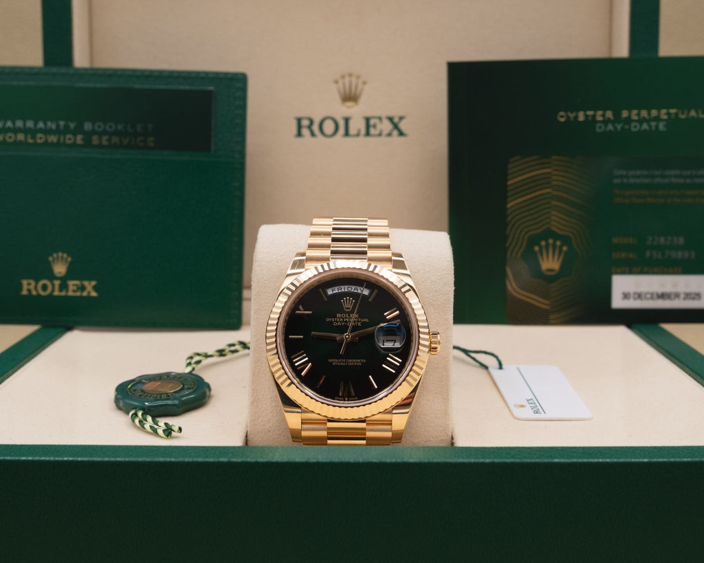 Rolex Day-Date 40 Green Ombre Roman Dial on President 228238 Complete 2025