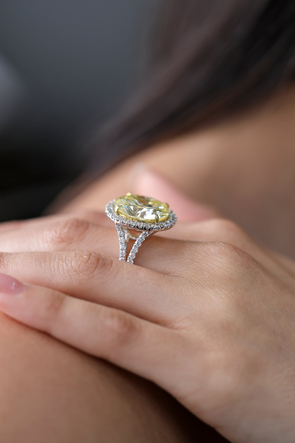 Round Fancy Yellow Diamond Halo Ring 18KT White Gold 14.07ct R-1259