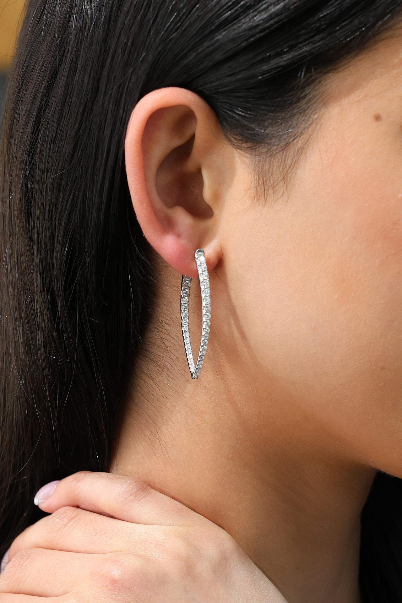 18KT White Gold Round Diamond Marquise Shaped Hoops 1.86ctw E-1862